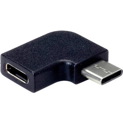 En svart USB-C-adapter i L-form med en hane- och en honkontakt. Perfekt för trånga utrymmen eller kabelhantering.