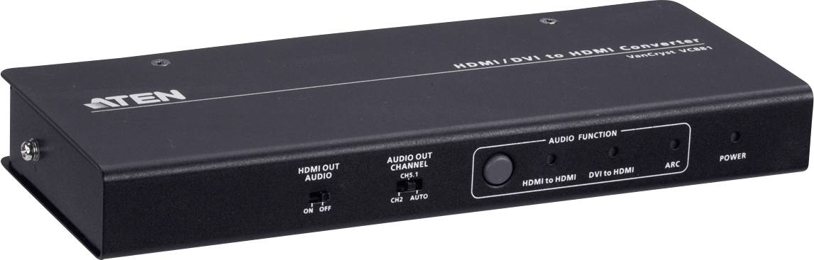 'ATEN HDMI/DVI till HDMI-konverterare'. Svart enhet med HDMI- och DVI-anslutningar. Styrningsknappar för ljudläge på framsidan.