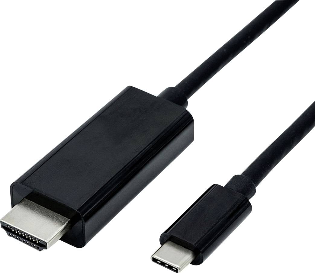 En svart kabel med HDMI-kontakt till USB-C-kontakt, som förbinder enheter med olika anslutningstyper.