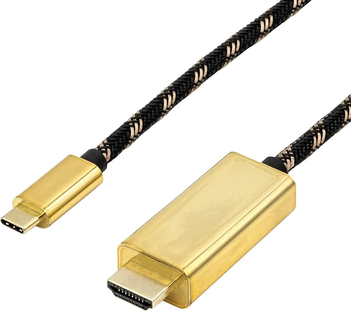 Ett guldfärgat HDMI-till-USB-C-kabel med en flätad kabelmantel. Används för anslutning mellan enheter.