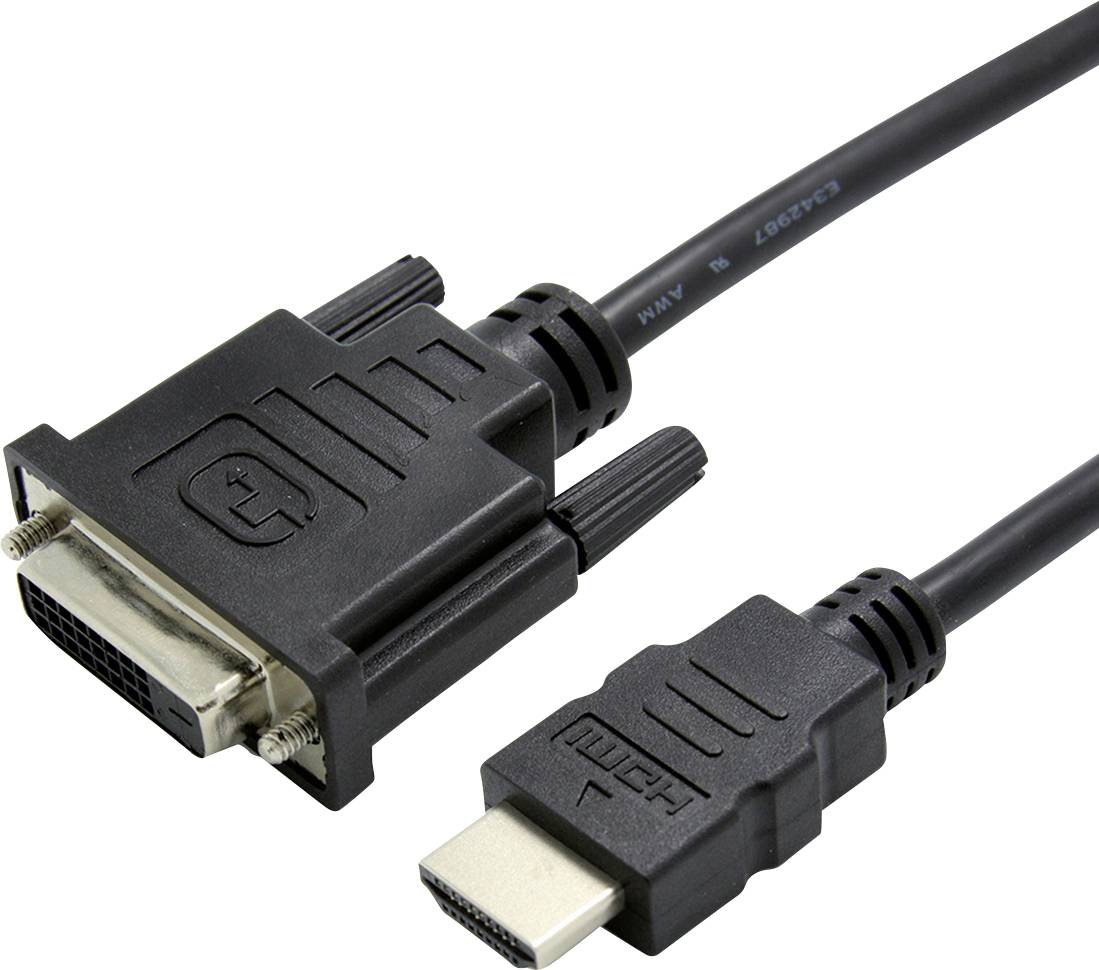 Ett svart DVI-till-HDMI-kabel med kontakter i båda ändar. Kabeln används för att ansluta två digitala enheter.