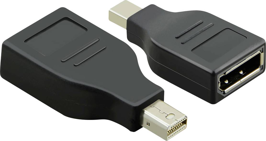 Två DisplayPort-adaptrar med Mini-DisplayPort och standardiserad DisplayPort-anslutning. De är svarta och kompakt utformade.