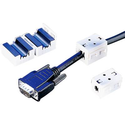 Ett svart VGA-kabel förs genom ett vitt kabeluttag. Bredvid ligger två öppna kabeluttag.