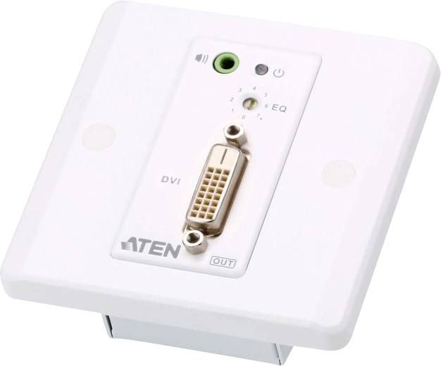 Vägginfällt anslutningsfält med DVI-anslutning, mikrofonport och reglage för ljudjustering. Märke 'ATEN'.
