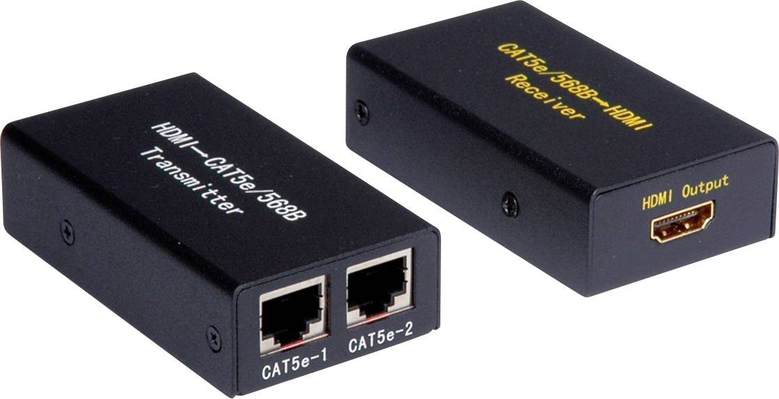 En HDMI-till-CAT5-sändare och -mottagare för överföring av HDMI-signaler via CAT5-kablar.