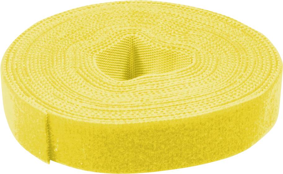 Gult kardborreband, upprullat till en cirkel, med texturerad yta, används för enkel fastsättning och sammankoppling av olika material.