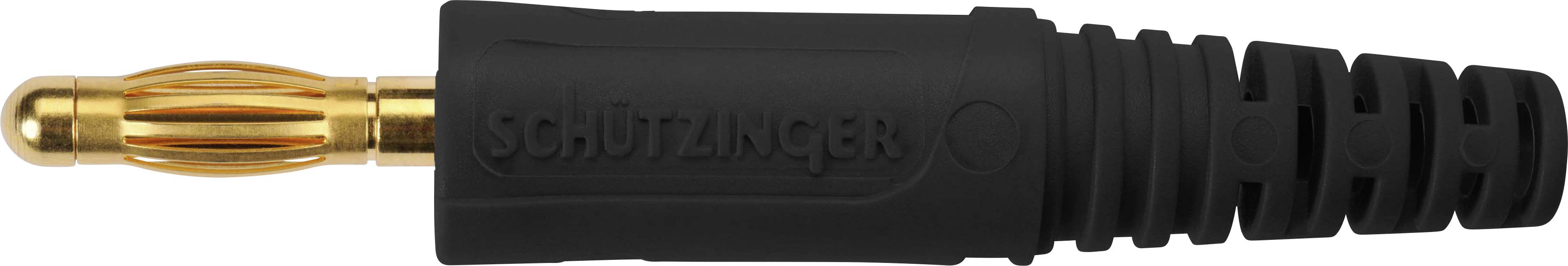 En svart elektrisk kontakt med räfflat handtag och guldpläterad anslutningsstift från märket Schützinger.
