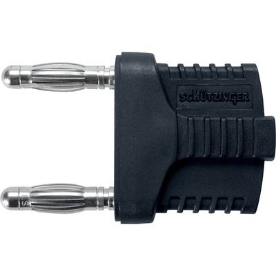 En svart adapterkontakt med två silvergrå kontaktpinnar och märkesnamnet 'Schützinger' präglat.