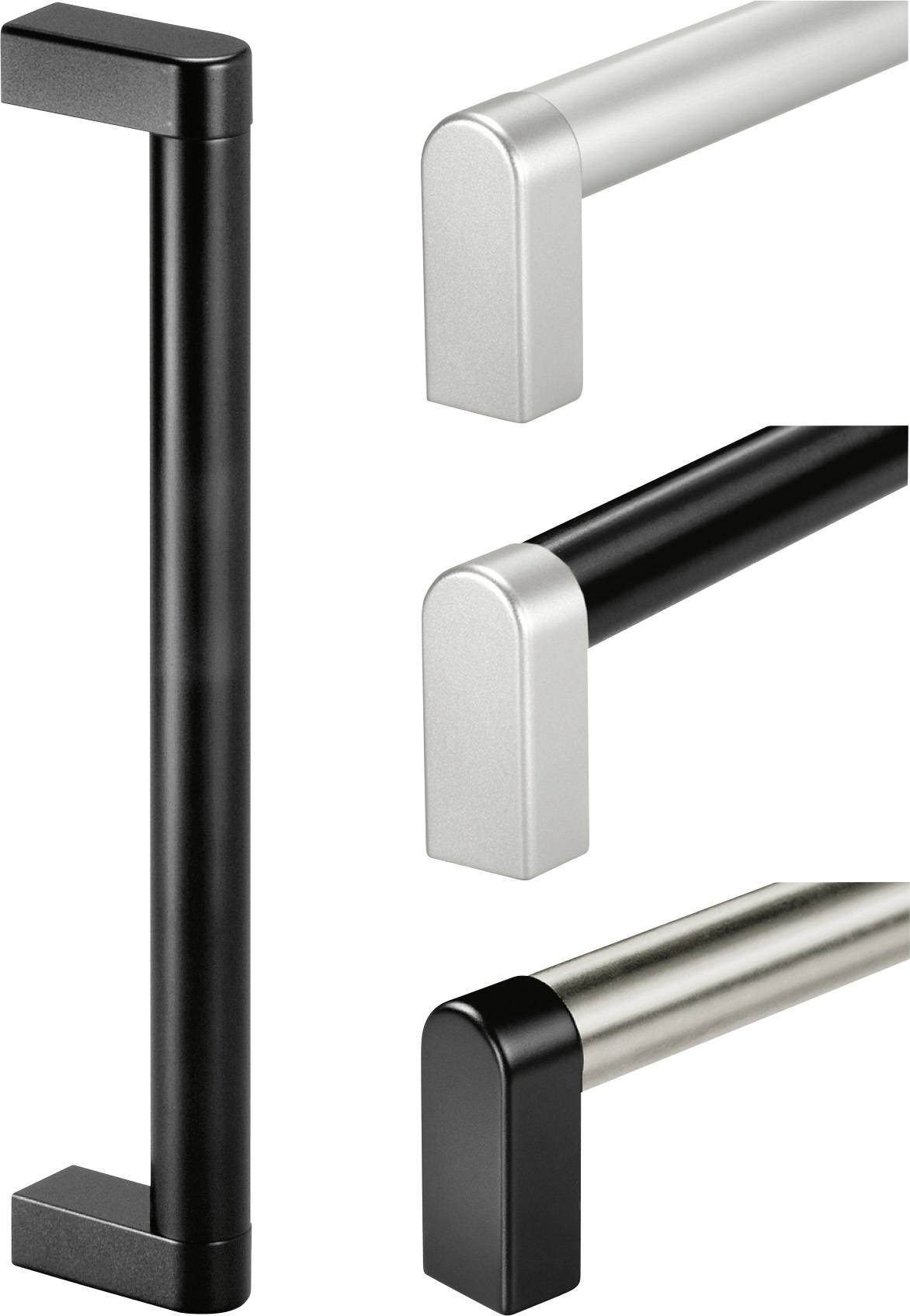 Olika handtag i svart, silver och metallisk finish, var och en med rektangulära ändar, visade i sidovy.