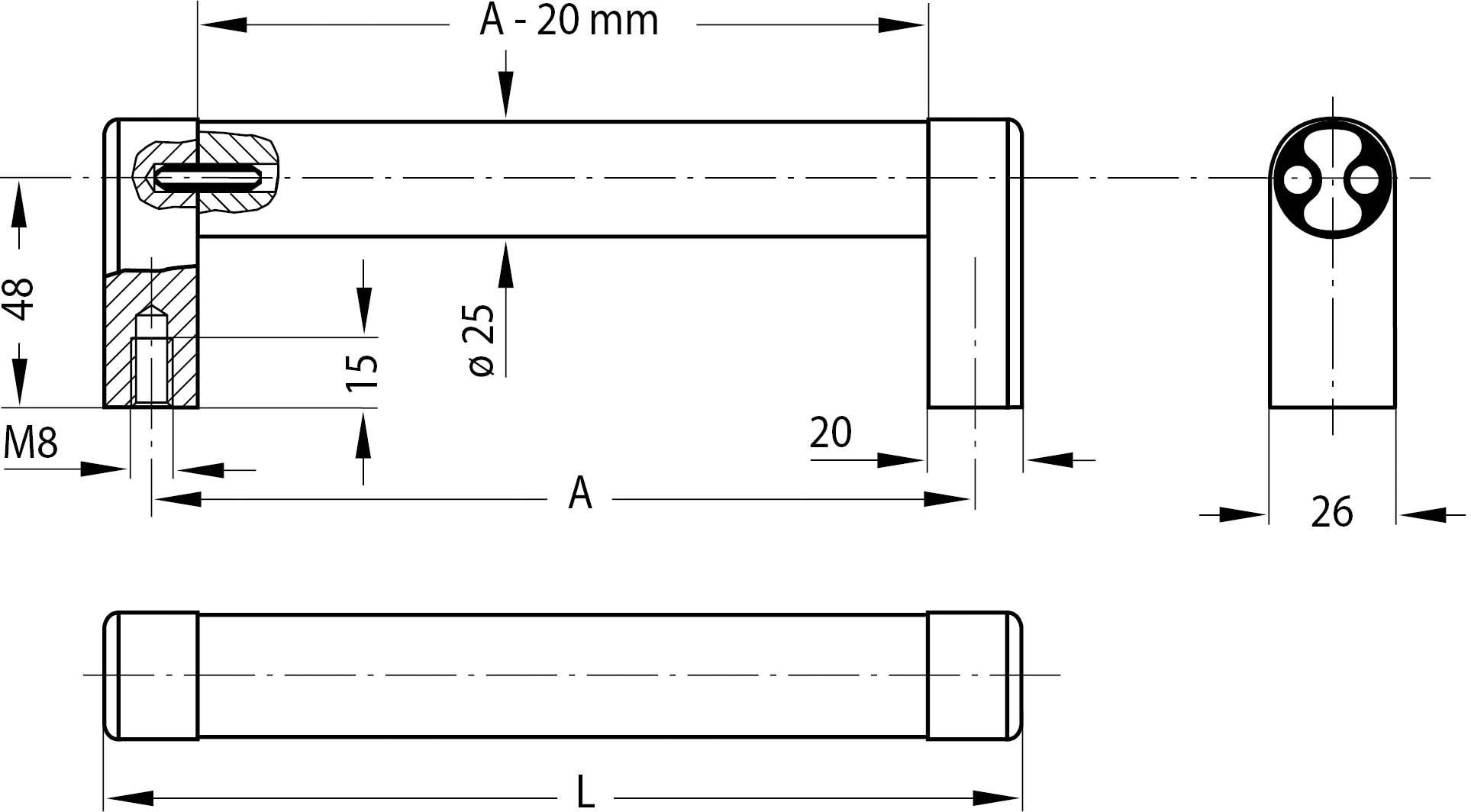 Teknisk ritning av en komponent med tvärsnittsvyn. Mått: Längd A - 20 mm, diameter 25 mm, höjd 48 mm, bredd 26 mm. M8-gänga.
