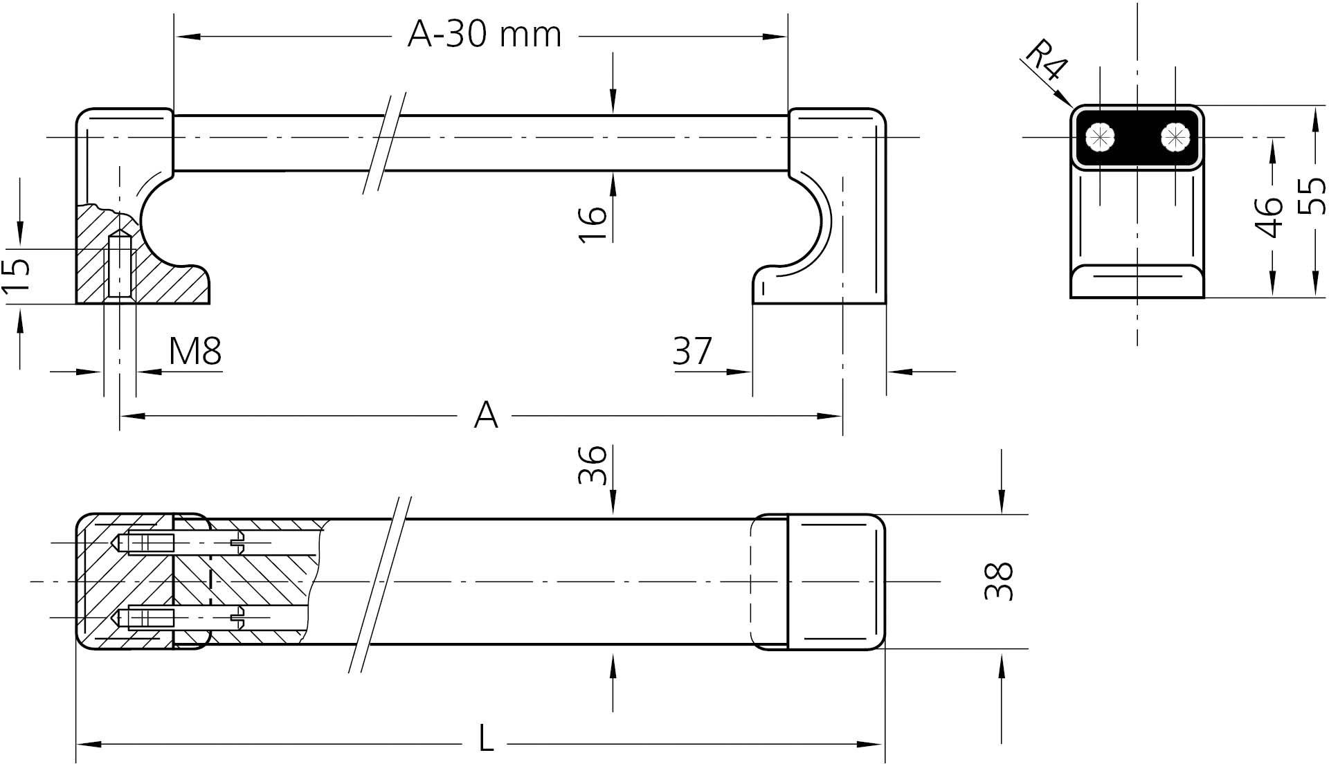 Teknisk ritning av ett handtag med mått: Längd L, avstånd A, höjd 16 mm, bredd 38 mm, hål M8. Innehåller sidovy och snitt.