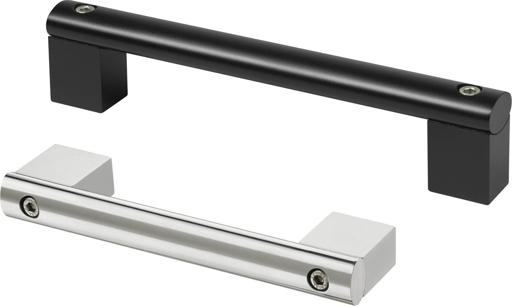 Två moderna dörrhandtag, ett i svart och ett i silver, i rektangulärt design med synliga skruvar i ändarna.