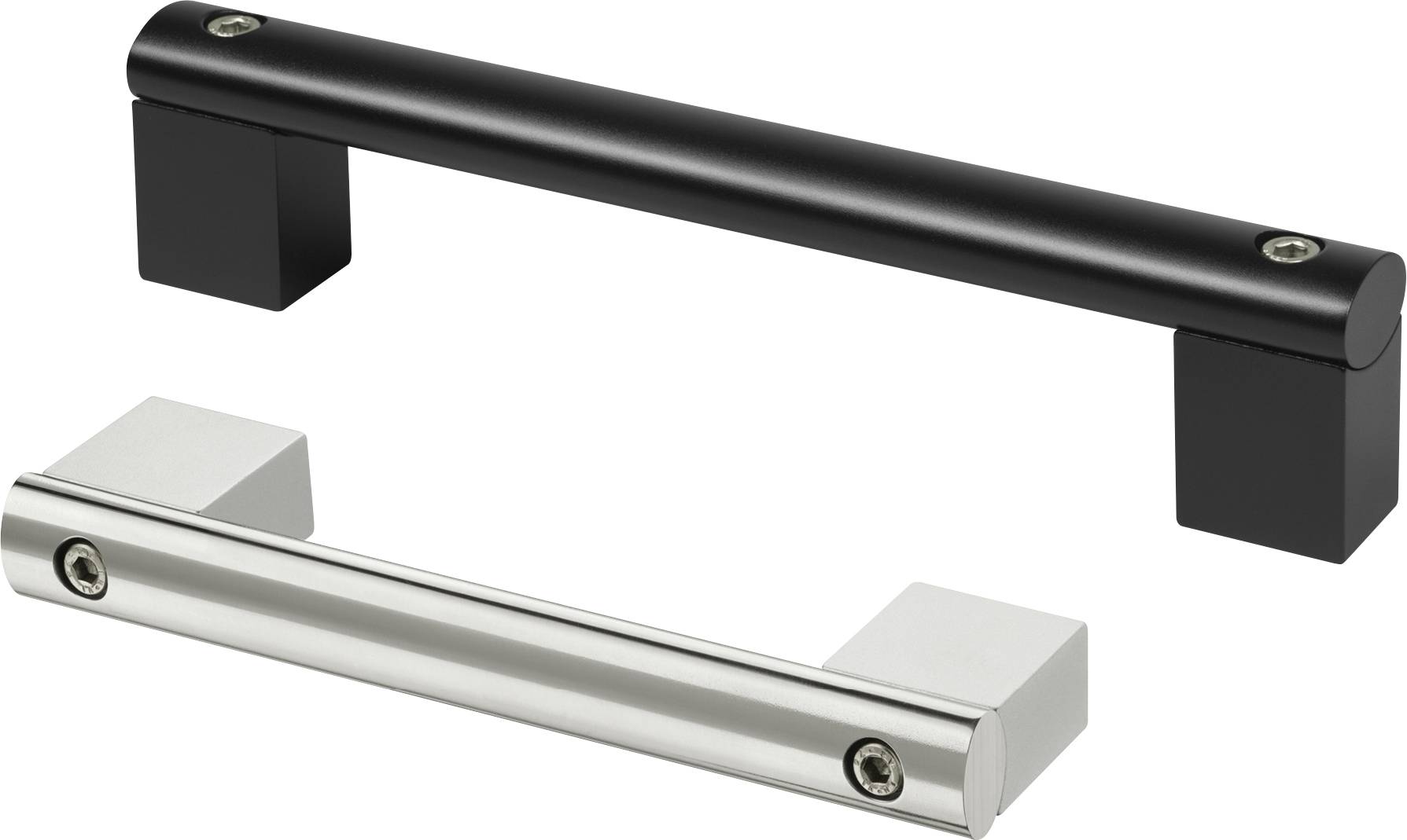 Två stilfulla dörrhandtag i parallell placering: det övre i matt svart, det undre i blank silverfinish.