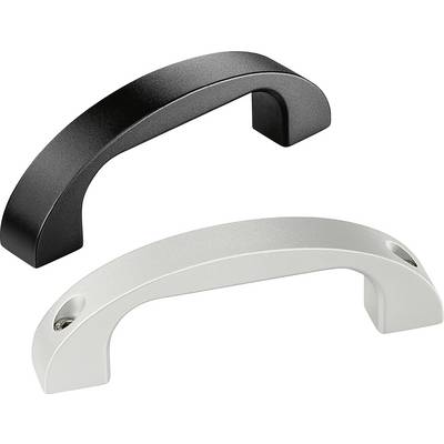 Två dörrhandtag i svart och silver, liggande bredvid varandra. De är utformade med en böjd design.