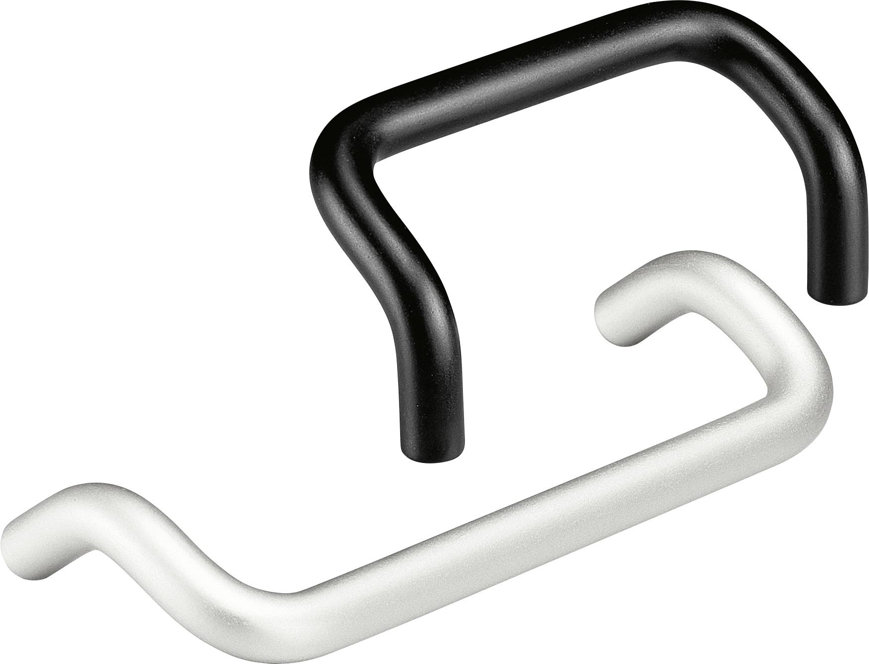 Två böjda dörrhandtag, ett i svart och ett i silver. De har en enkel, modern design och ligger parallellt.
