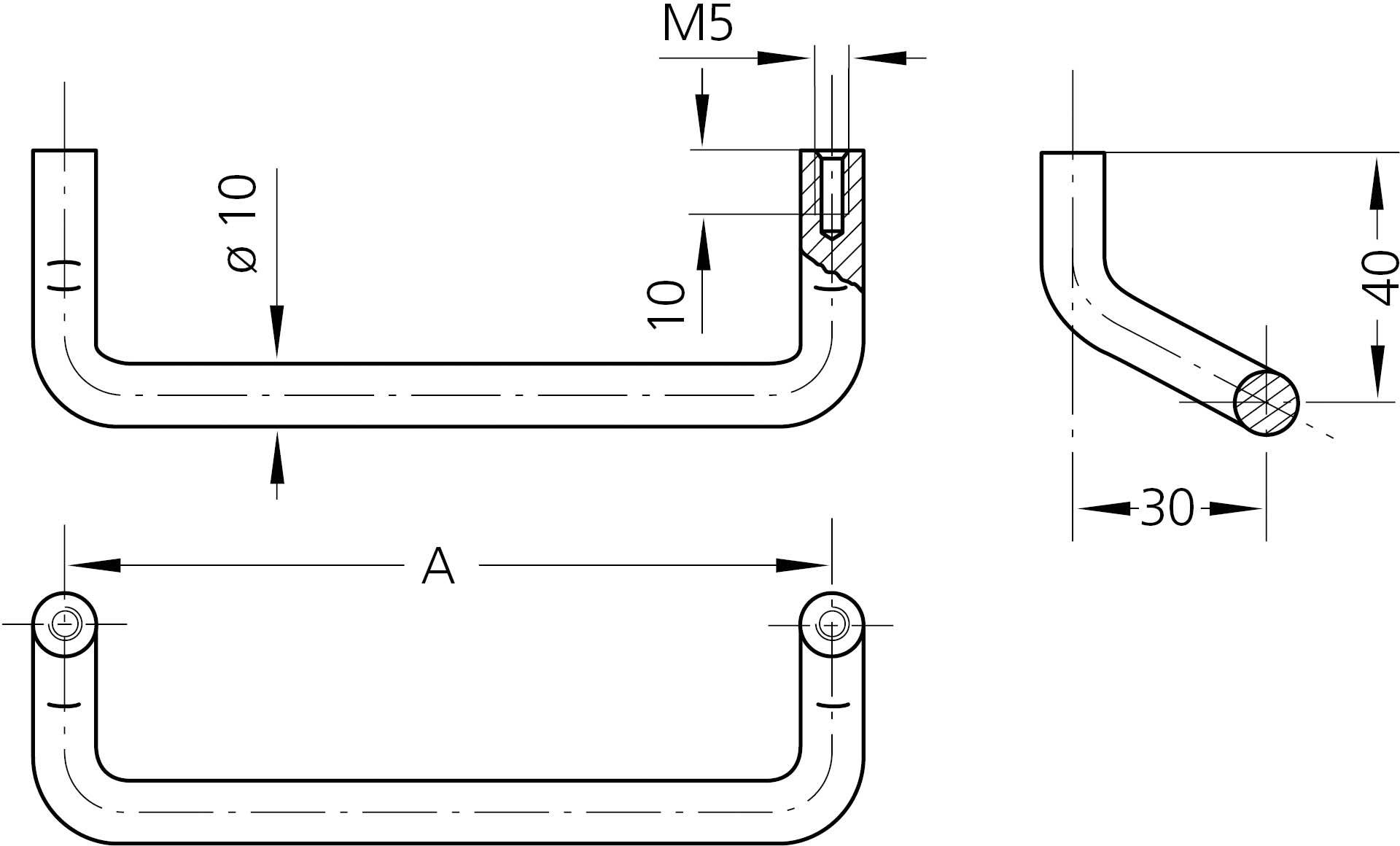 Teknisk ritning av en böjd metallhandtag med mått: Total längd A, diameter 10 mm, höjd 40 mm, M5-gänga.