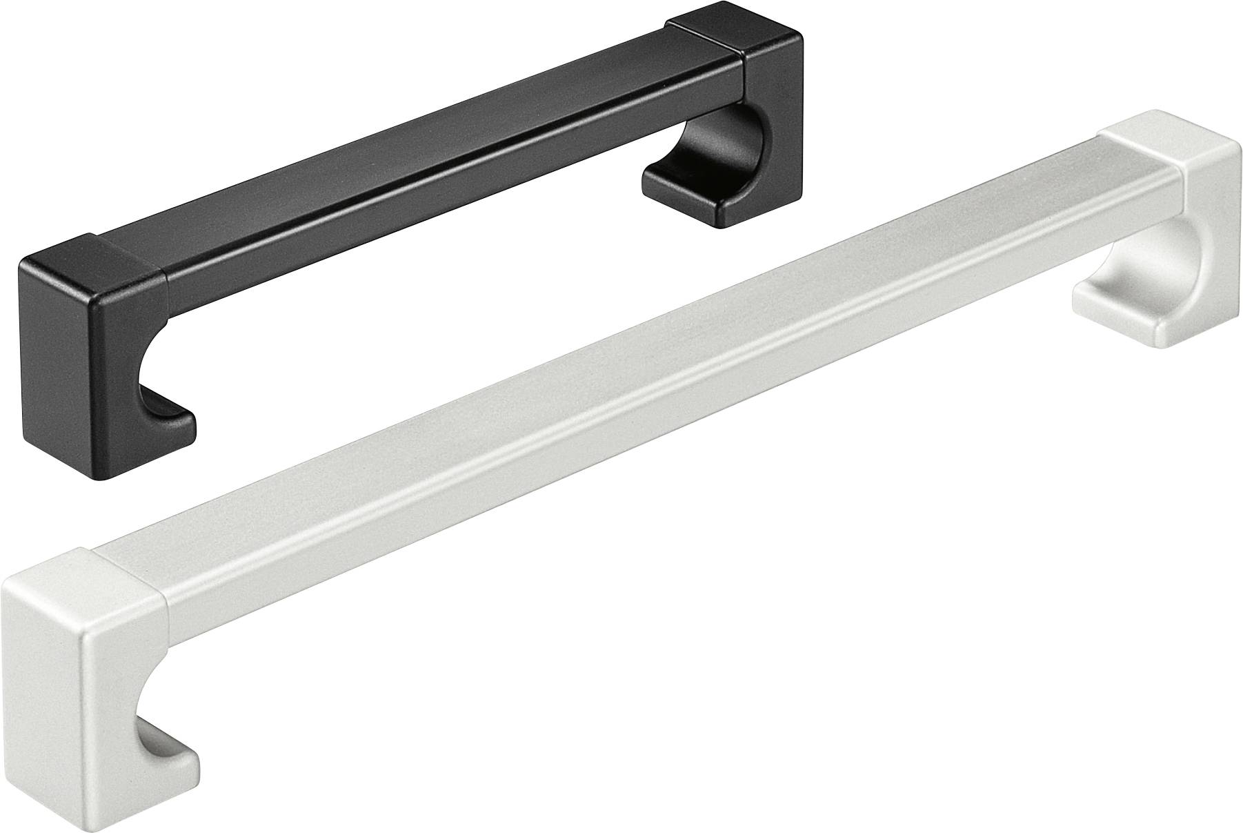 Två enkla möbelhandtag, ett svart och ett silverfärgat, ligger bredvid varandra. De har en modern, rektangulär design.
