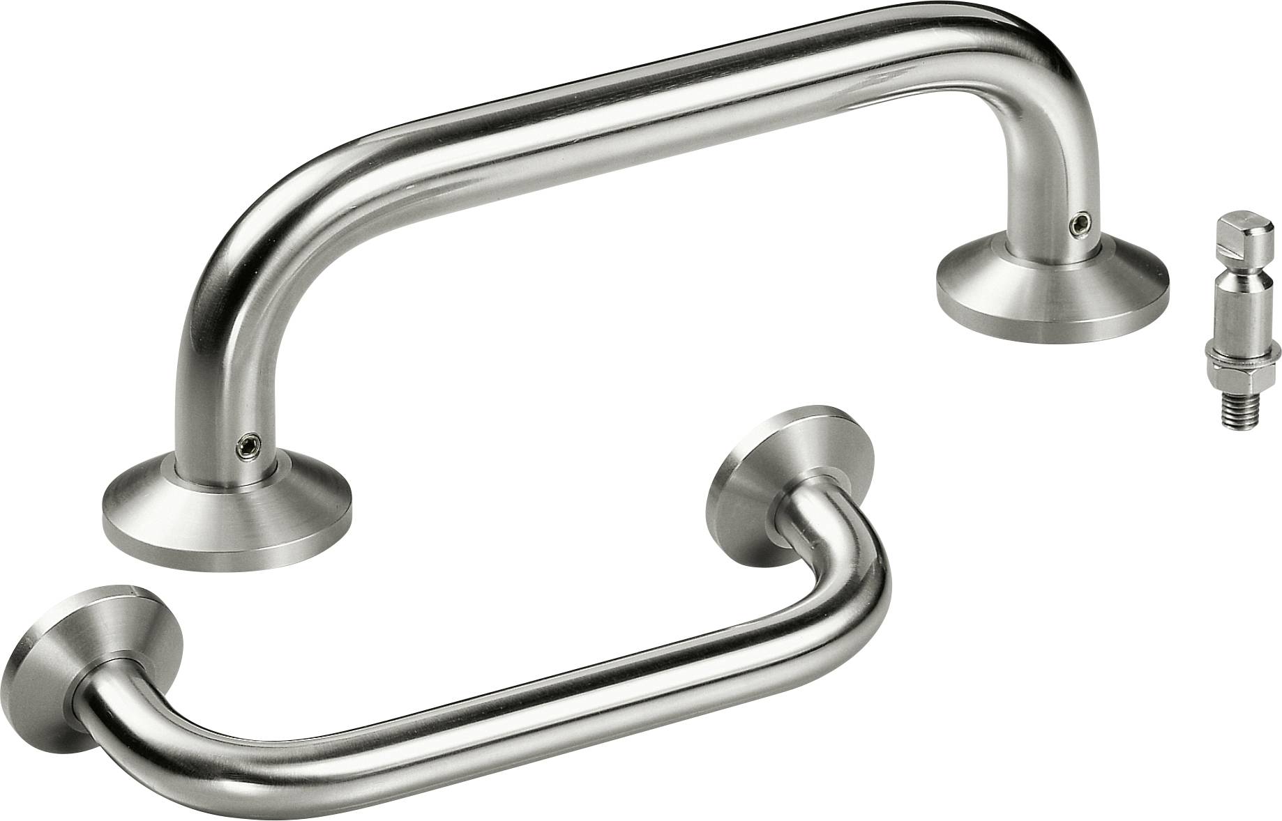 Två rostfria handtag och en liten metallkomponent på vit bakgrund. Handtagen är robusta och böjda.