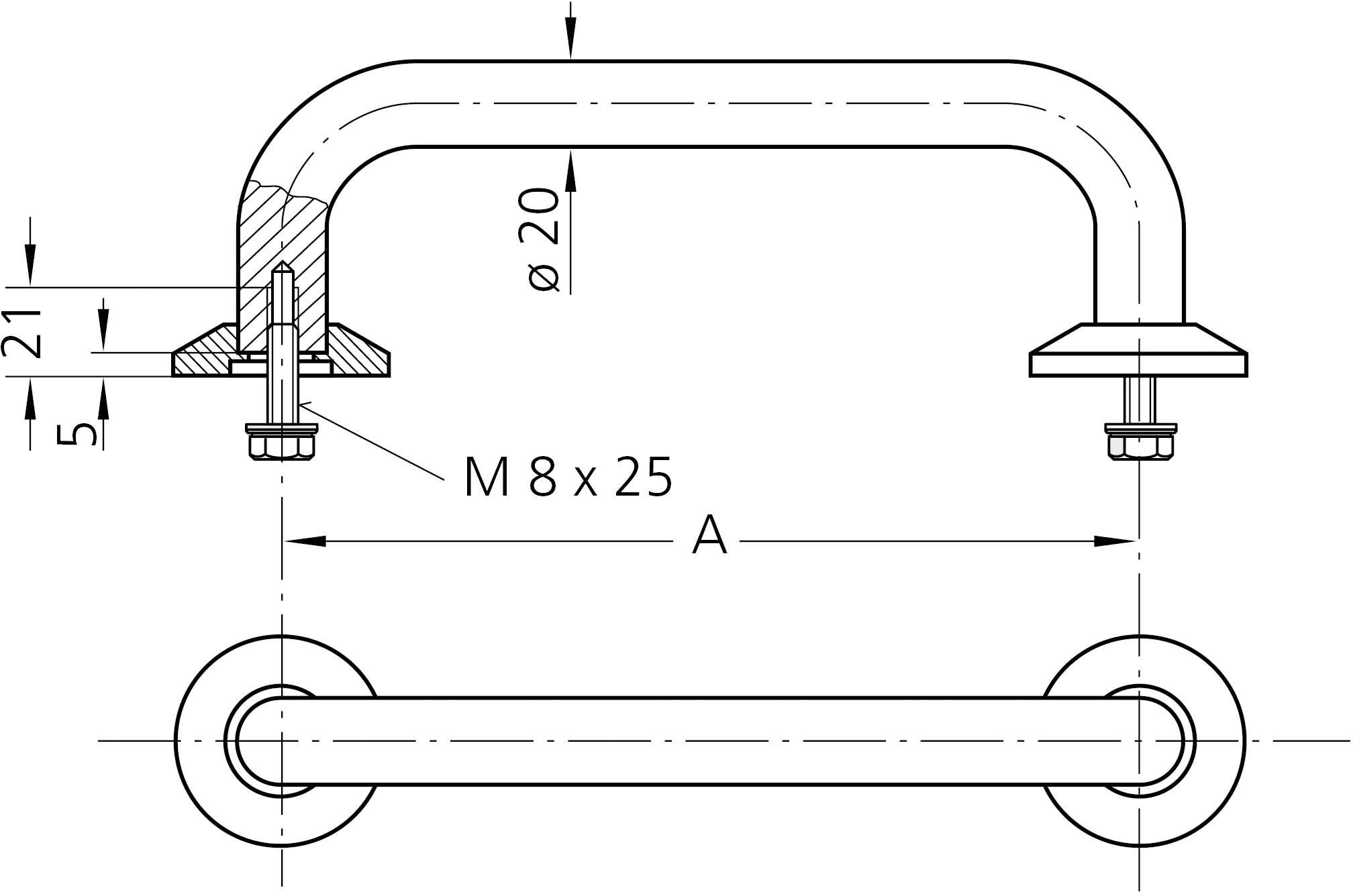 Teknisk ritning av ett handtag, mått: diameter 20 mm, längd 25 mm, M8-skruvöppning. Sidovy visar höjd 21 mm.
