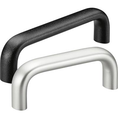 Två dörrhandtag: ett svart, ett silver, i U-form med slät yta.