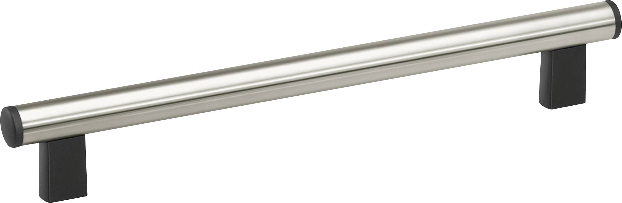 Silverfärgat dörrhandtag i metall med svarta fästanordningar i båda ändar. Enkelt, modernt design.