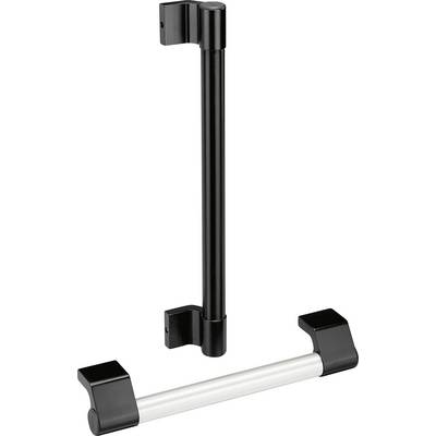 Två moderna, avlånga dörrhandtag i svart och silver. De är raka till formen med fästanordningar vid ändarna.