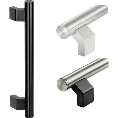 Tre dörrhandtag i olika färger: Svart till vänster, silver uppe till höger, grå nere till höger. Rektangulära fästen synliga.