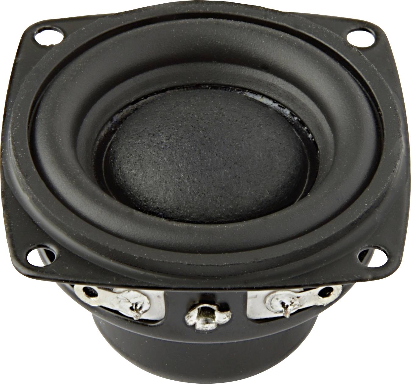 En svart högtalare fotograferad ovanifrån, visar membranen och anslutningarna nedtill.