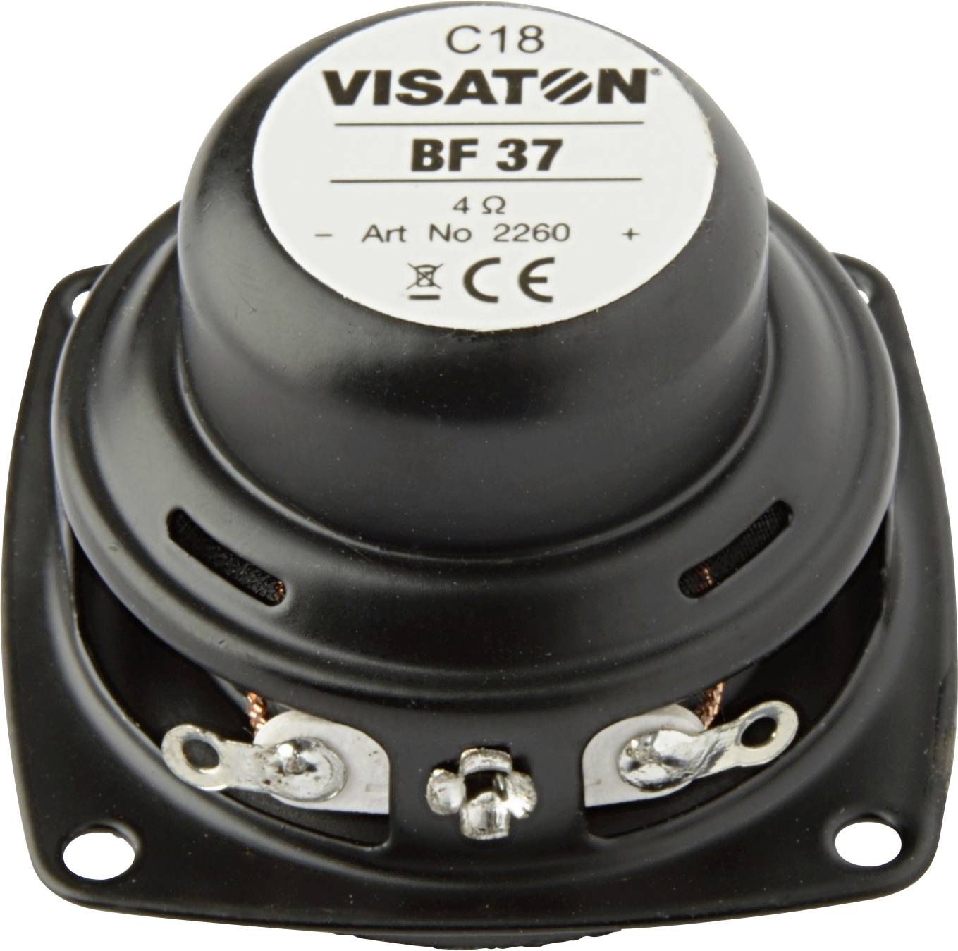 'Visaton BF 37' högtalare i svart hölje, 4 Ohm impedans. Ovansidan märkt med tillverkarens logotyp, modellnummer och tekniska symboler.