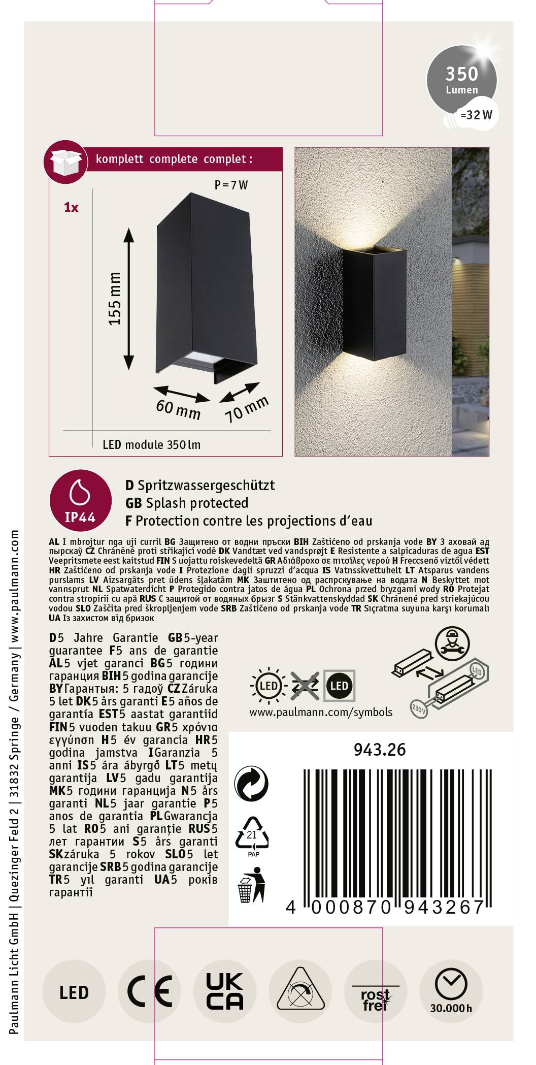 Förpackning för en LED-utomhusvägglampa. Mått: 155x90 mm, svart. Skyddsgrad IP44. Energieffektivitet: 350 lm, 32 W. Lämplig för utomhusbruk.
