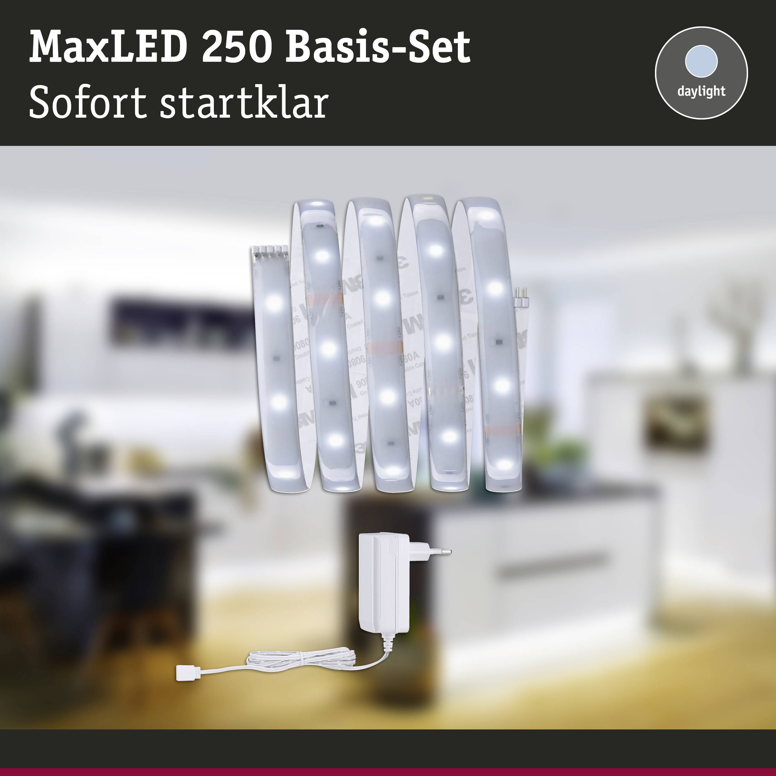 MaxLED 250 Basic-set med sex LED-remsor och nätadapter, marknadsförd som 'redo att använda direkt', för belysning i dagsljusvitt.