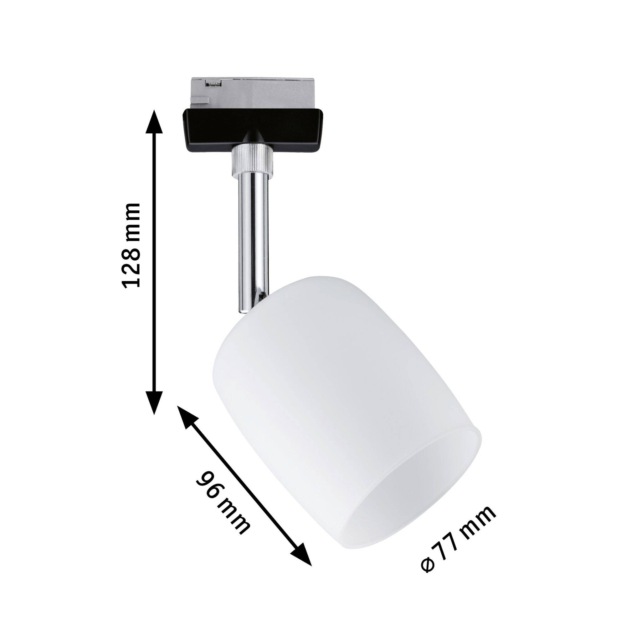 Taklampa med cylindrisk, vit skärm. Mått: höjd 128 mm, skärmdiameter 77 mm, skärmlängd 96 mm.