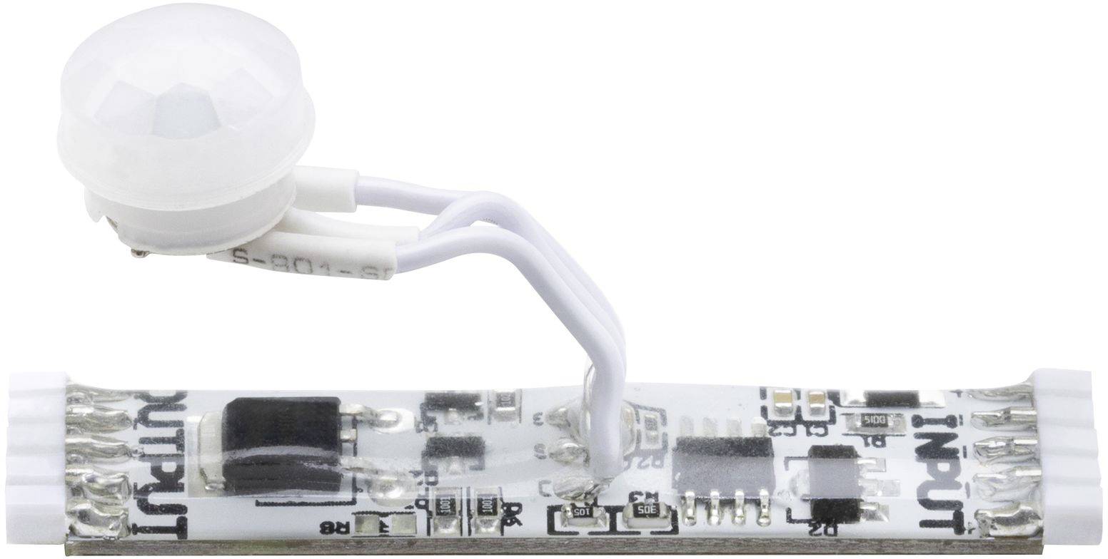 En LED-slinga med en rörelsesensor, förbunden med vita kablar, visar den elektroniska kretsen för belysningsstyrning.