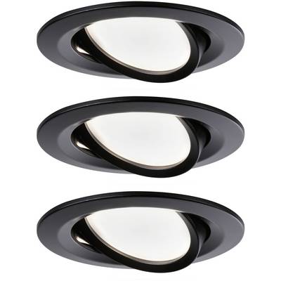 Tre svarta, vridbara infällda spotlights i rad som visar olika ljusriktningar.