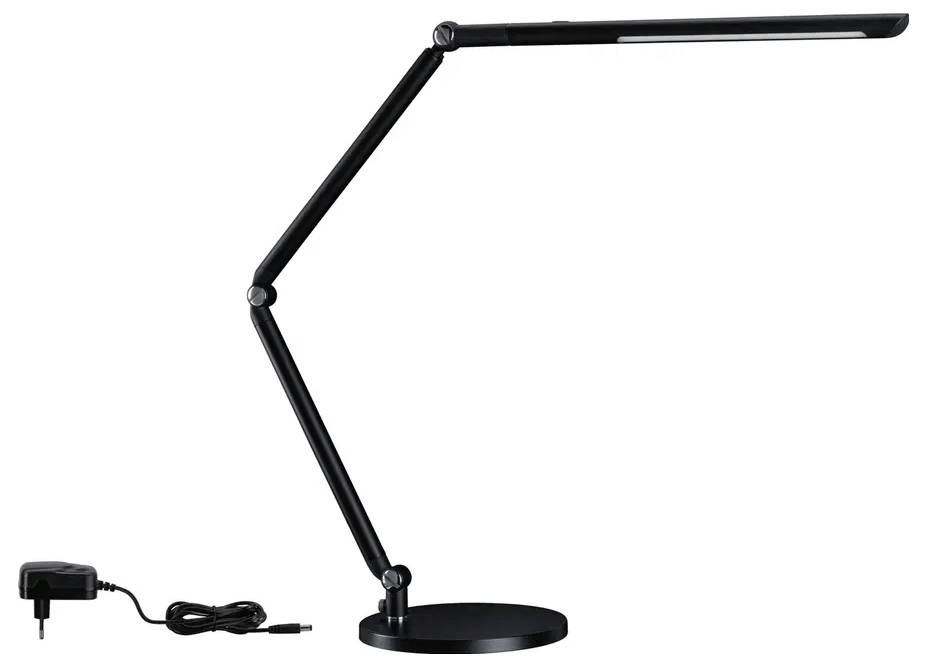 Svart, modern bordslampa med justerbar arm och rund bas, inklusive nätadapter på vit bakgrund.