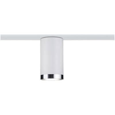 En cylindrisk, silvermetallisk taklampsarmatür monterad på en smal stång. Minimalistisk design.