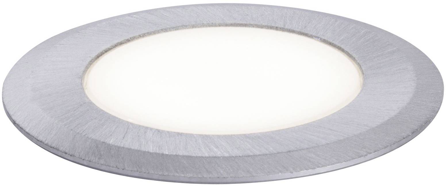 Rund, platt LED-infälld armatur i silverhölje.