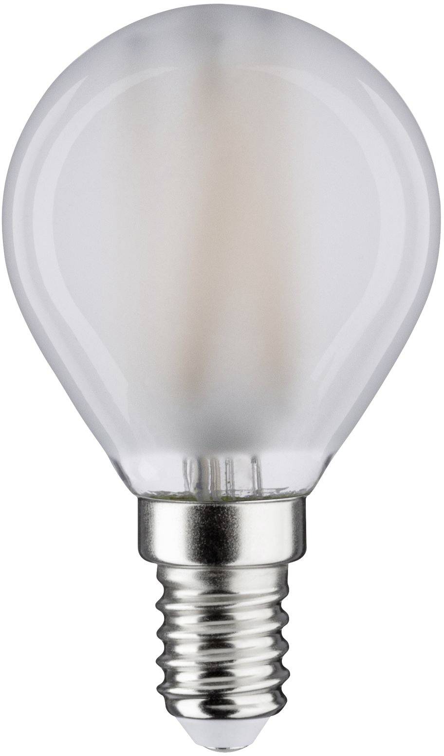Glödlampa med skruvfattning, sedd från sidan. Lampan är transparent, med en tydlig glödtråd inuti.