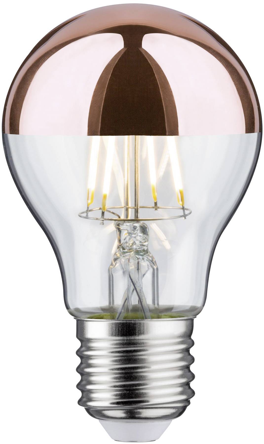 En glödlampa med kopparspegelhuvud och synligt glödtråd som lyser. Lämplig för dekorativ belysning och stilfulla utrymmen.