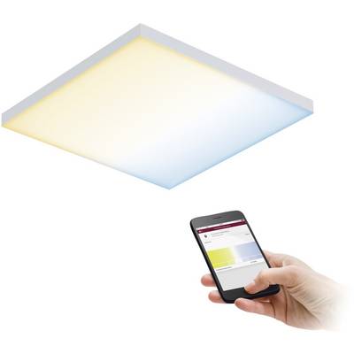 LED-taklampa, rektangulär, med variabel färgton. En hand håller en smartphone för att styra ljusfärgerna.