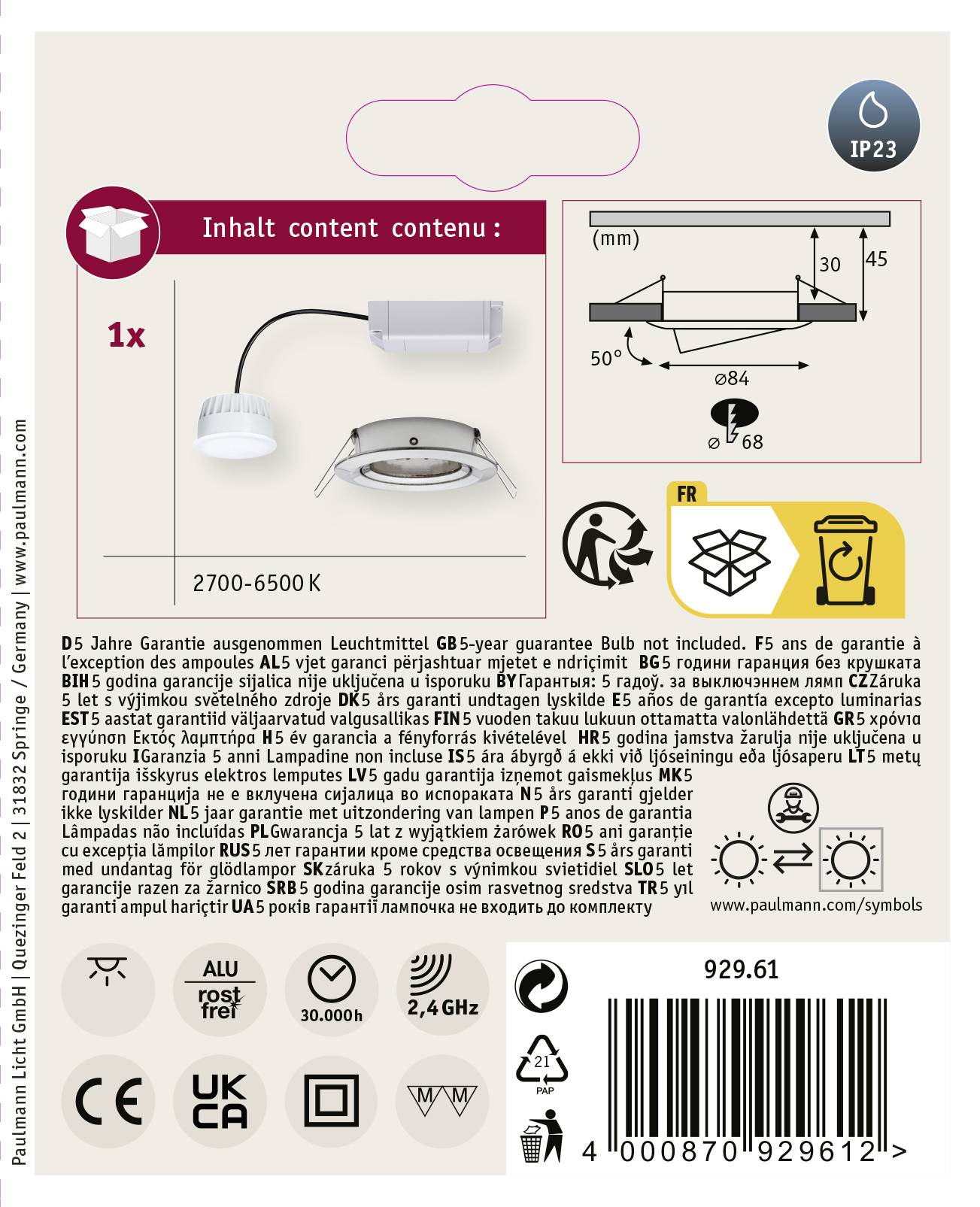 'Ljuskälla ingår ej. 5 års garanti. Skyddsklass IP23. Färgtemperatur 2700-6500K.' Produktavbildning och anvisningar på flera språk.