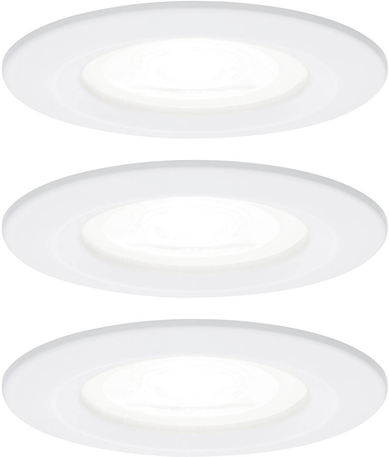 Tre vita infällda LED-takbelysningar i rad, slät och rund, med ett diffust ljussken.