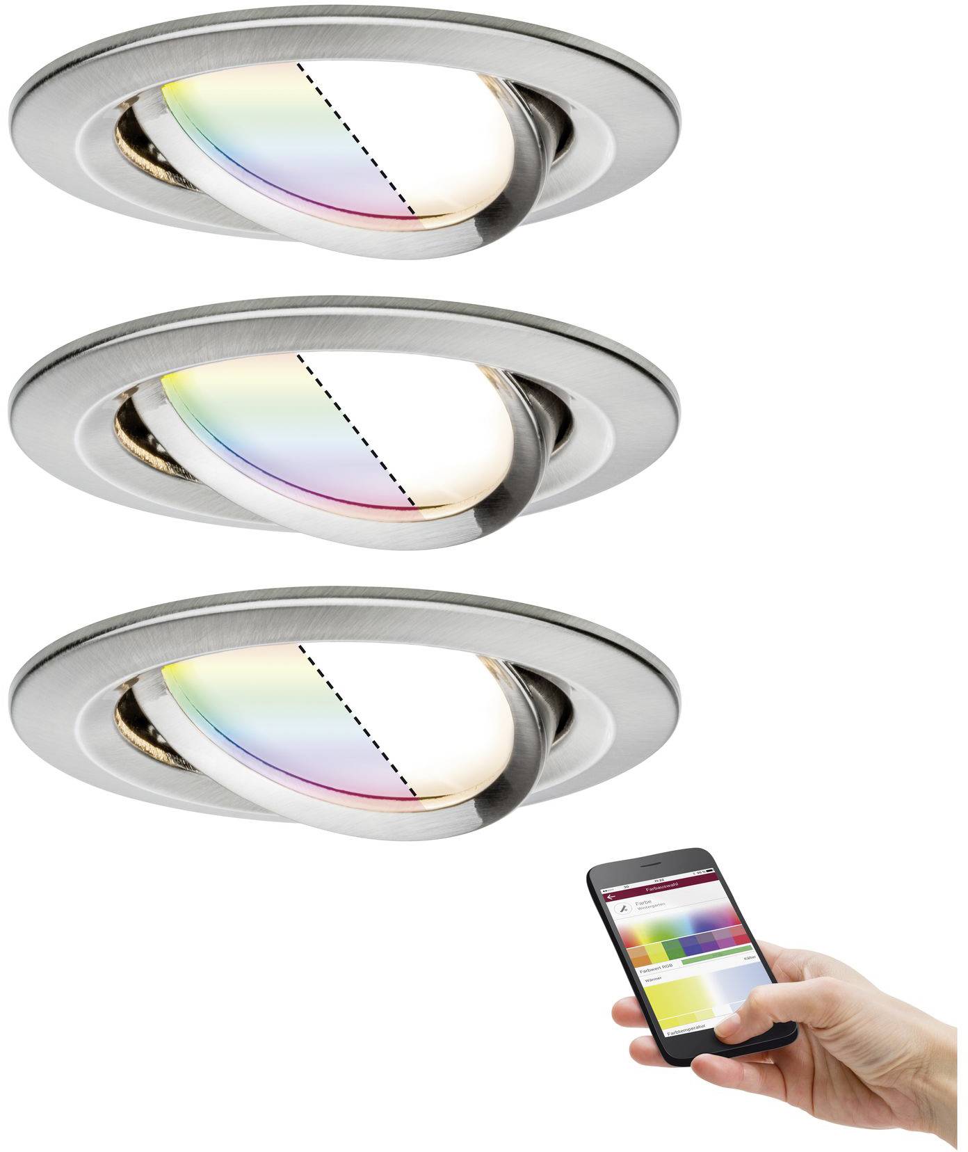 Tre justerbara LED-taklamor som styrs med en smartphoneapp. Varje lampa visar olika färgövergångar.