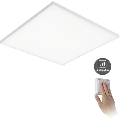 En fyrkantig LED-taklampa med dimmer i tre steg. En hand manövrerar strömbrytaren.