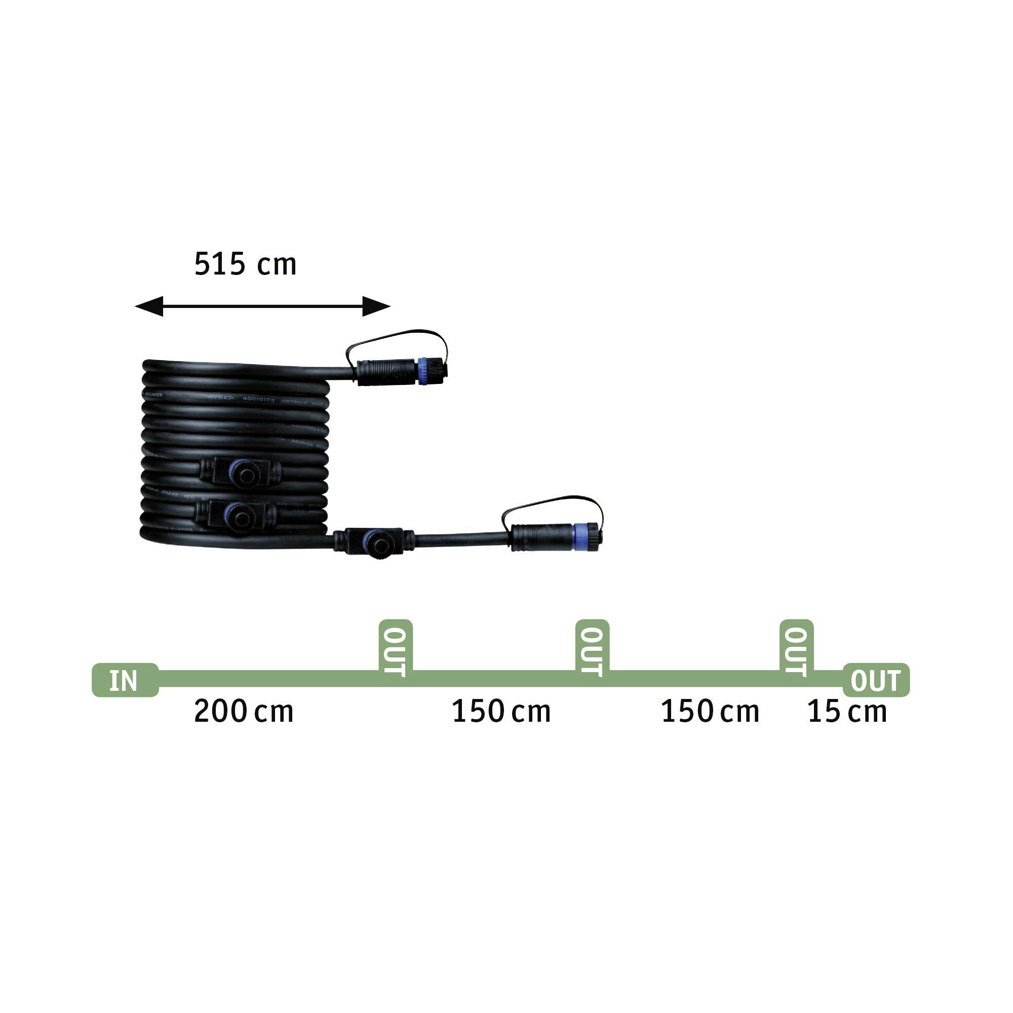 'Slang med 515 cm längd och tre utgångar vid 200 cm, 150 cm och 150 cm. Markeringar för inlopp (IN) och utlopp (OUT).'