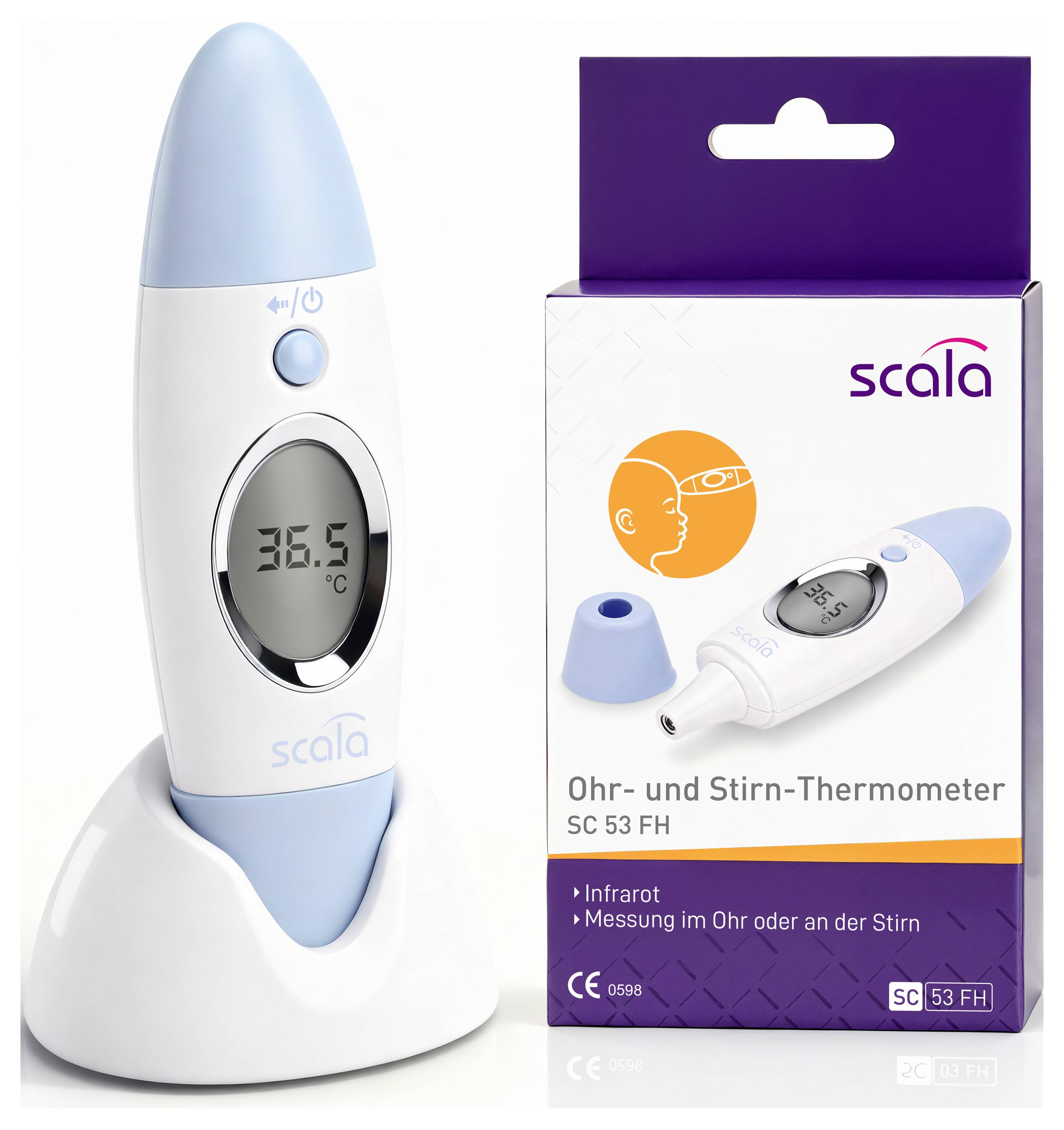 Öron- och pannetermometer som visar 36,5°C med förpackning som visar produktbild och beskrivande text "Infraröd".