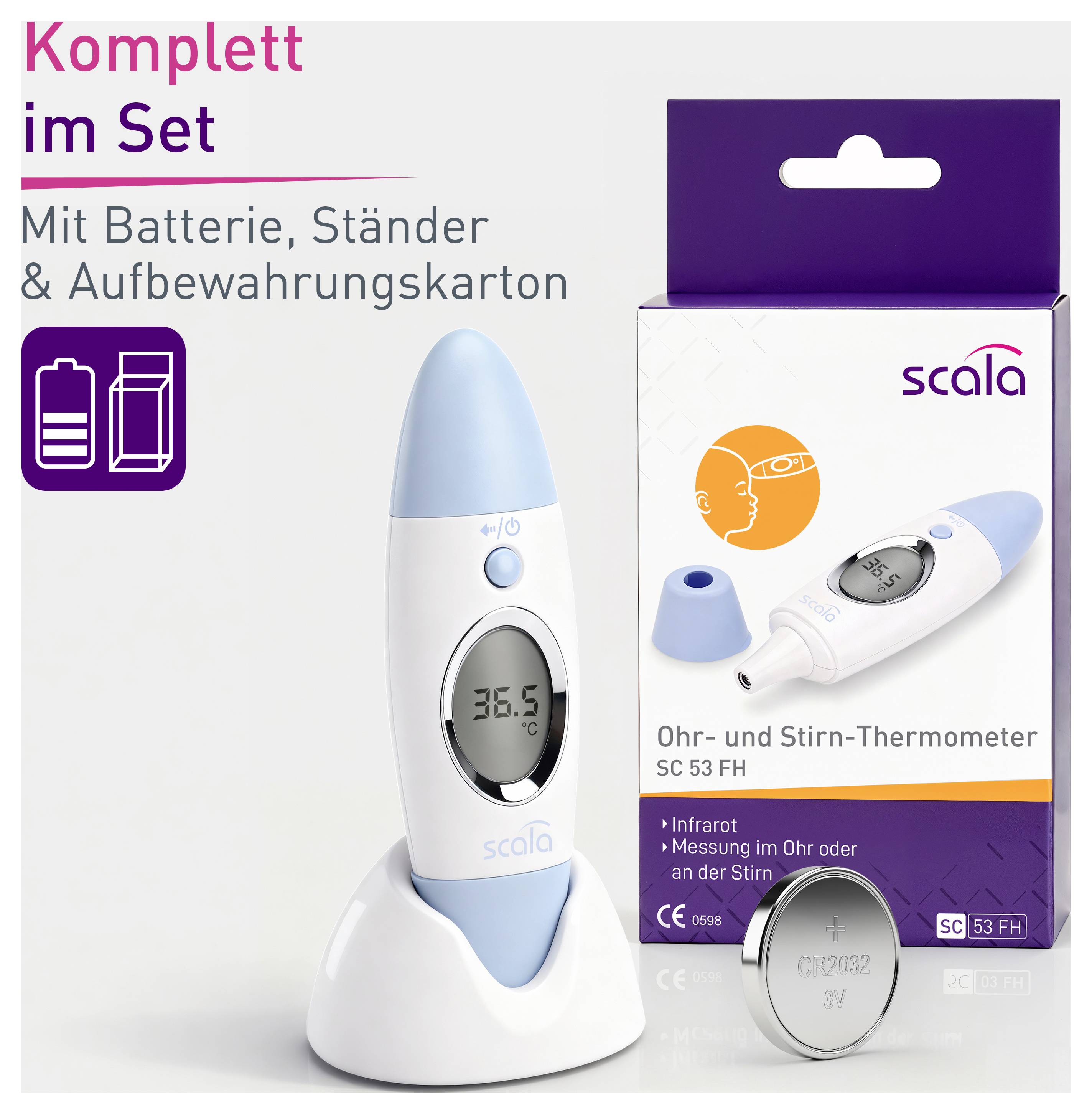 Öron- och pannetermometer i set med batteri, ställ och förvaringsbox. Förpackningens framsida visar termometern.