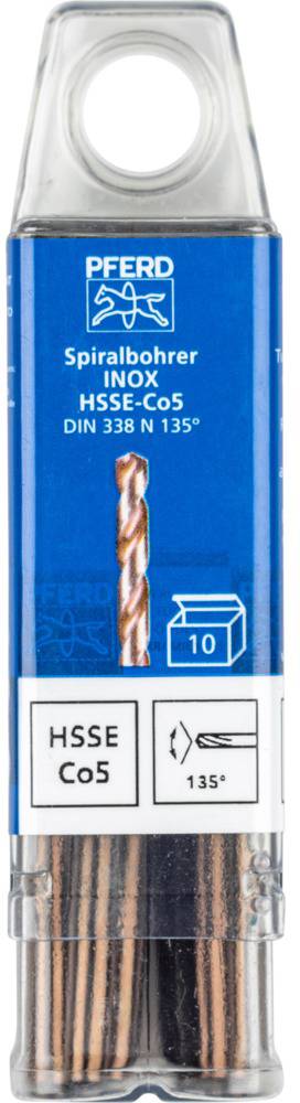 Förpackning med 10 spiralborrar av INOX HSSE-Co5, DIN 338 N 135°, för metallbearbetning. Märke: PFERD.