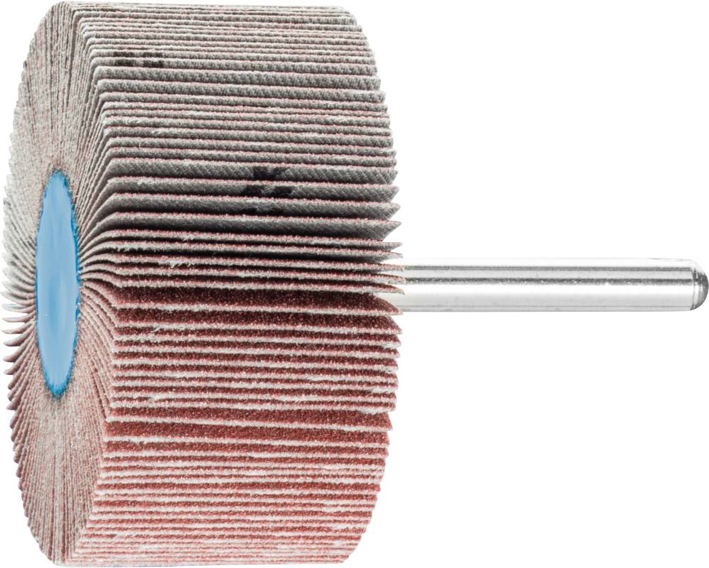 Ett slipverktyg med skivor i lamellform och en metallpinne, använt för slipning eller polering av material.
