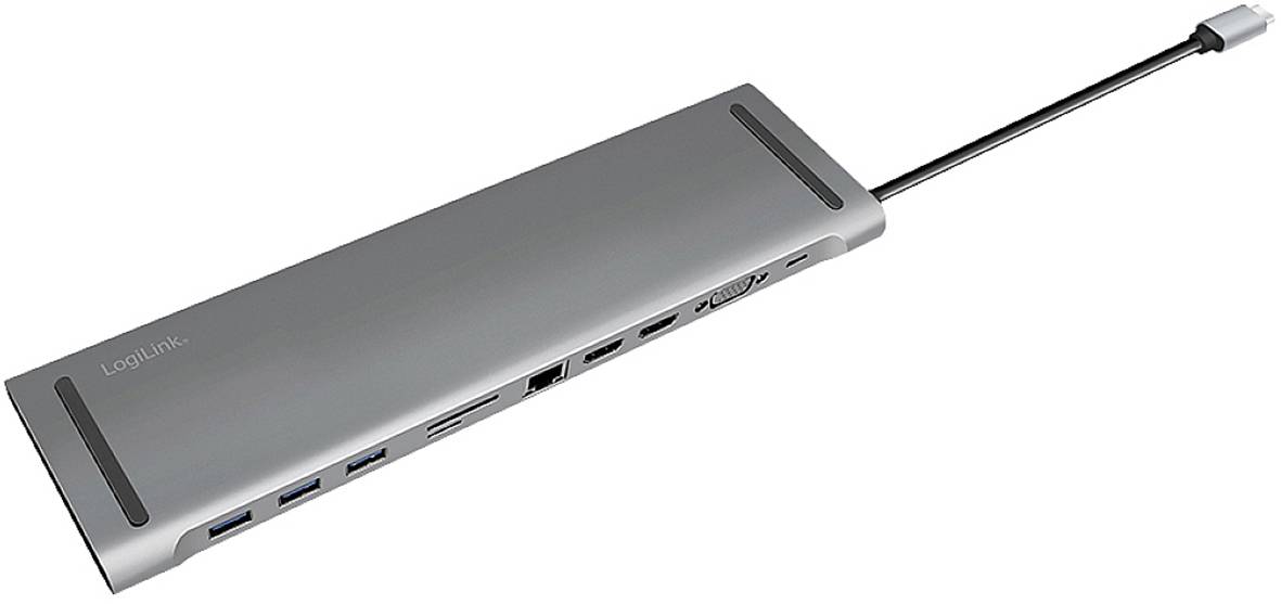 USB-C-hubb med flera anslutningar, inklusive USB, HDMI och Ethernet. Silverrektangulärt design med en kort, fast kabel.